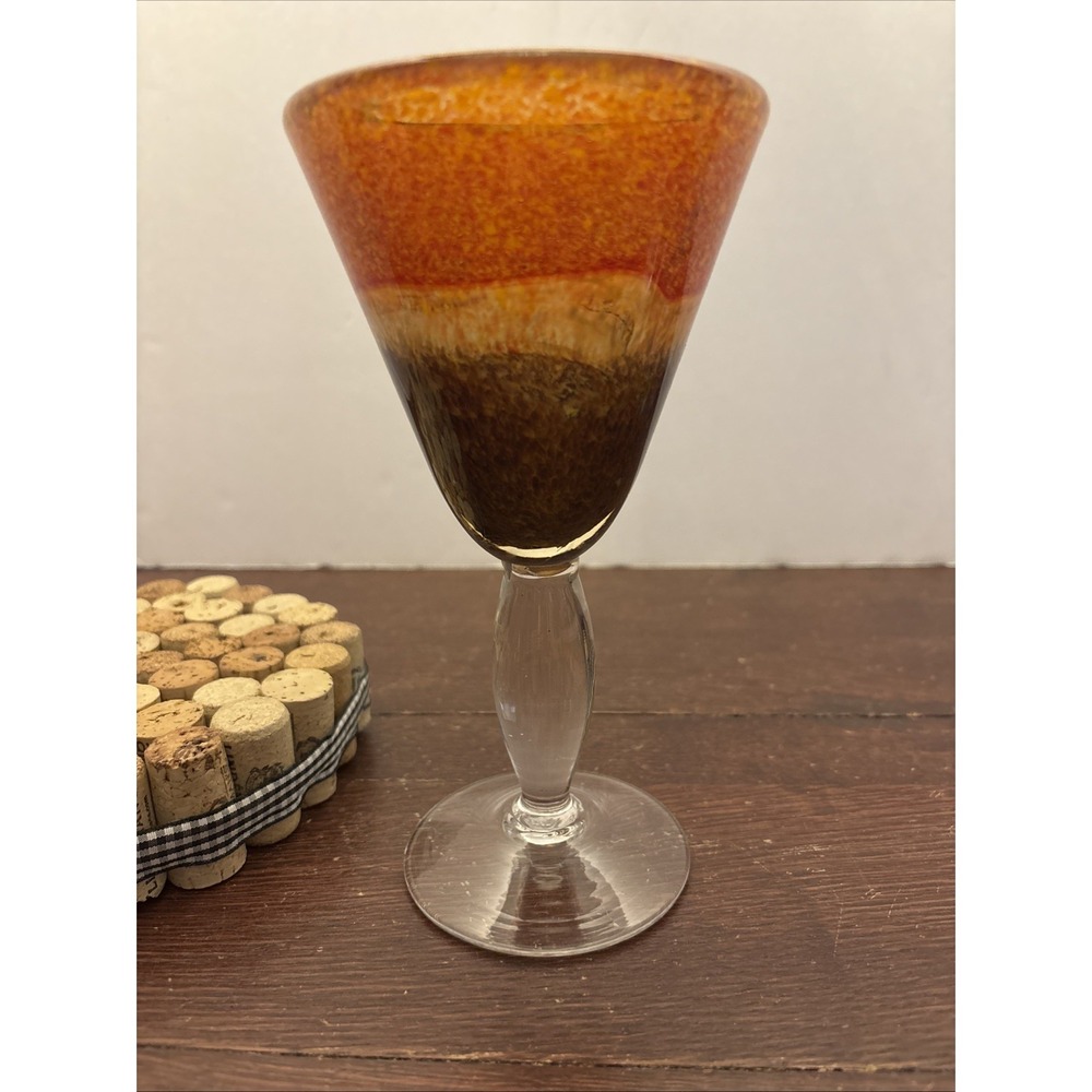 Pier 1 Canyon Stripe Hand Blown Tri Color Glass Wine Water Goblet